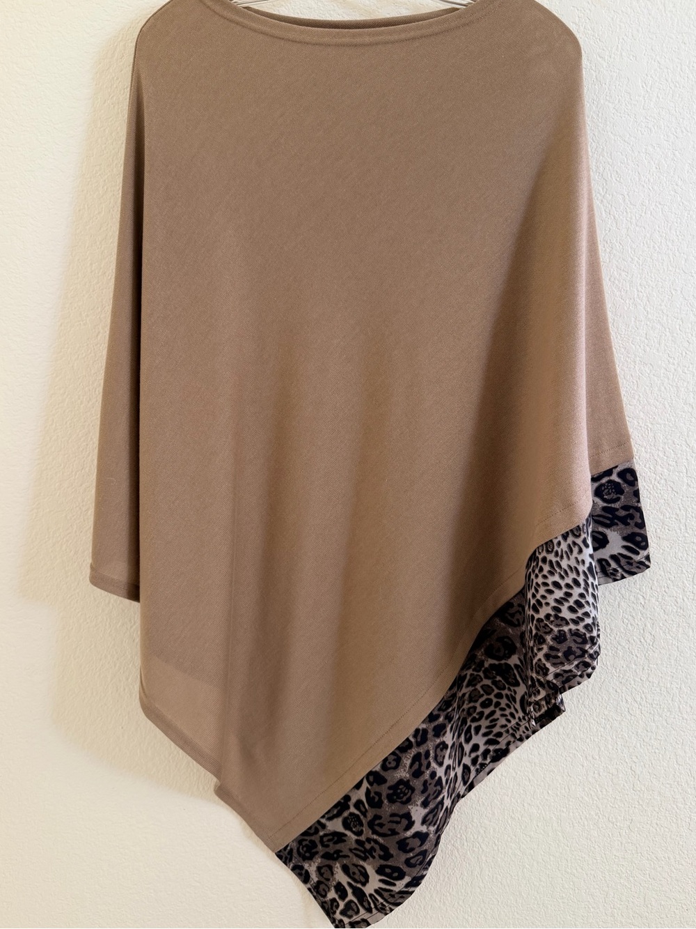 Neutral Brown Asymmetric Poncho/Tunic with Leopard Trim (One Size)
